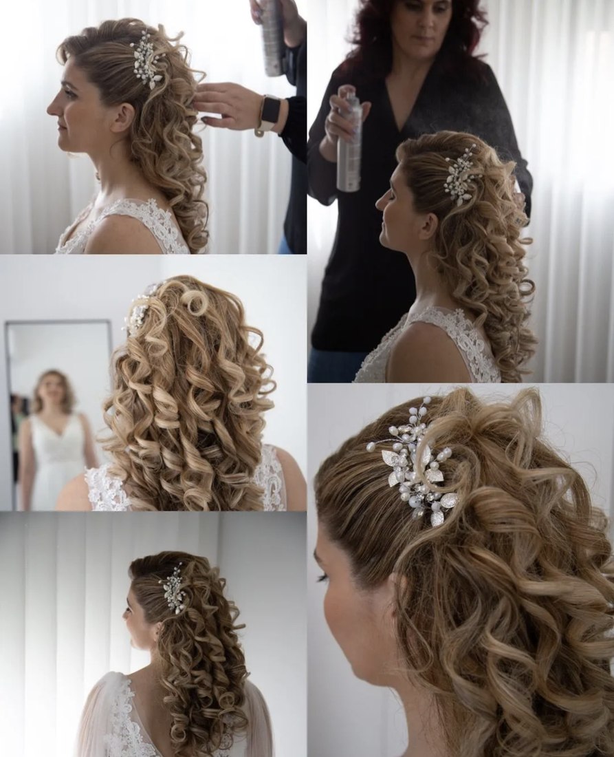Penteado de noiva com caracóis e acessório de pérolas